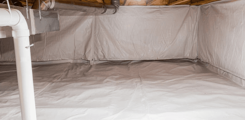 Encapsulated crawl space with white vapor barrier flooring and walls, exposed plumbing pipes overhead, and a clean, dry, unfinished look.