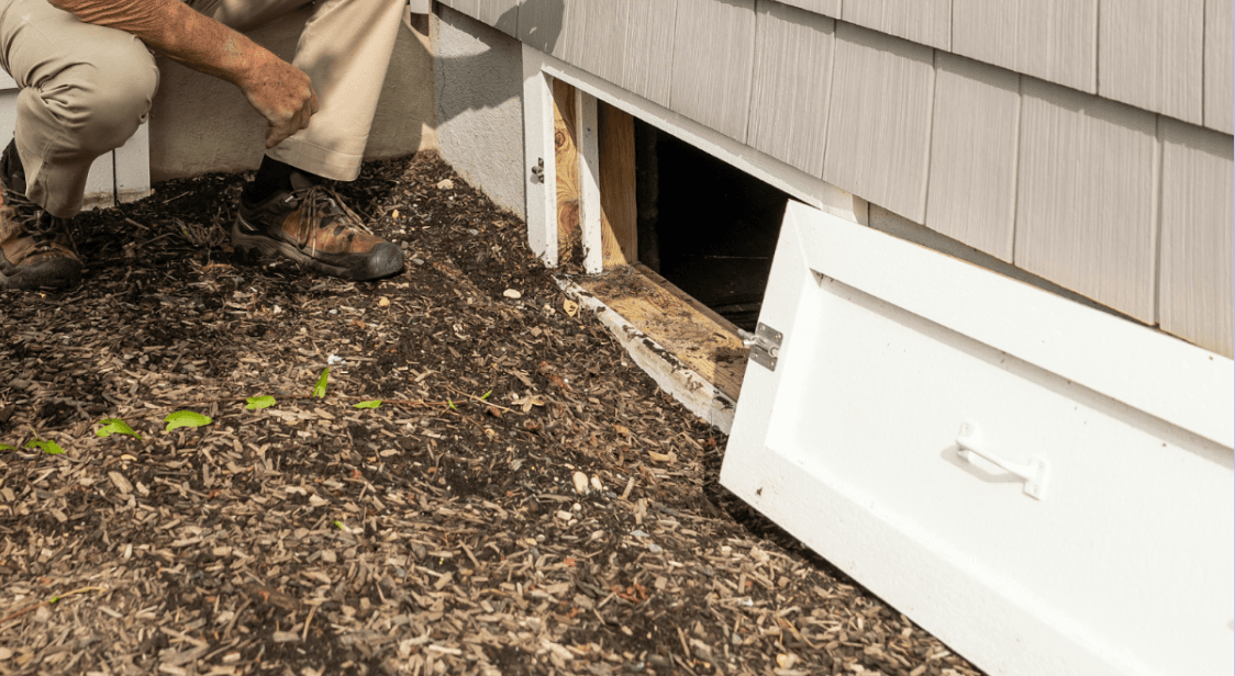 A person kneels beside a house, inspecting an open basement or crawlspace hatch; its white panel rests on mulch near gray siding.