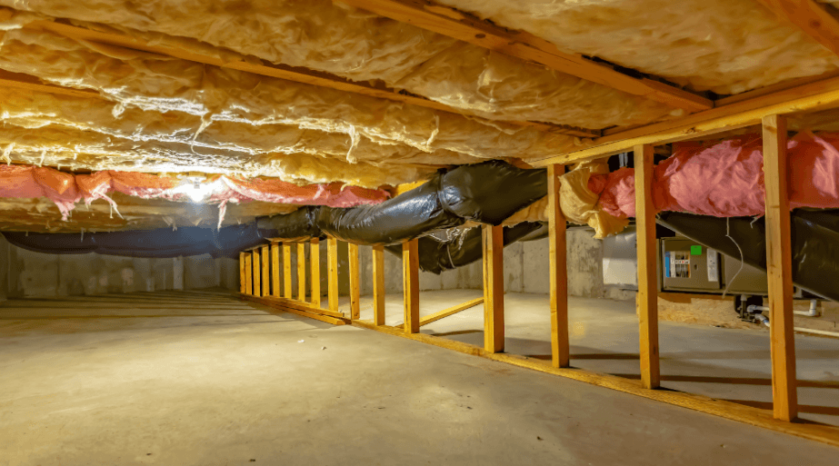 Unfinished basement with exposed wood framing, fiberglass insulation, ductwork, concrete floor, and a furnace area; dim, utilitarian tone.