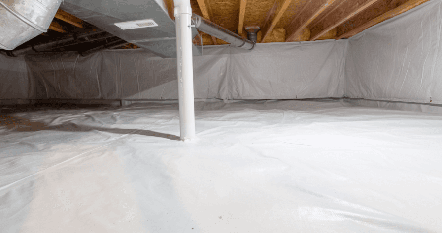Encapsulated crawlspace with white vapor barrier flooring and walls, exposed wooden joists, ductwork, and a central support pipe.
