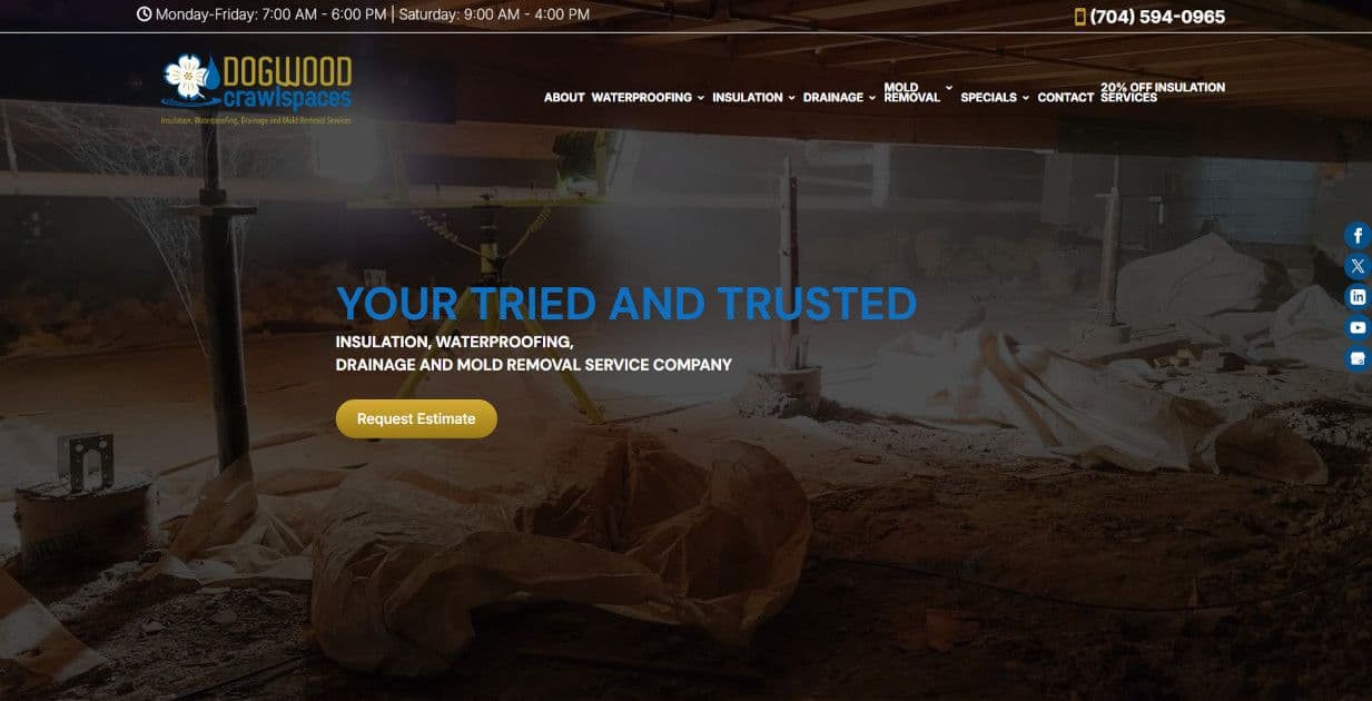 Website hero banner for Dougwood Crawlspace, showing a dimly lit crawlspace with plastic-covered insulation, promoting trusted waterproofing, drainage, and mold removal services.