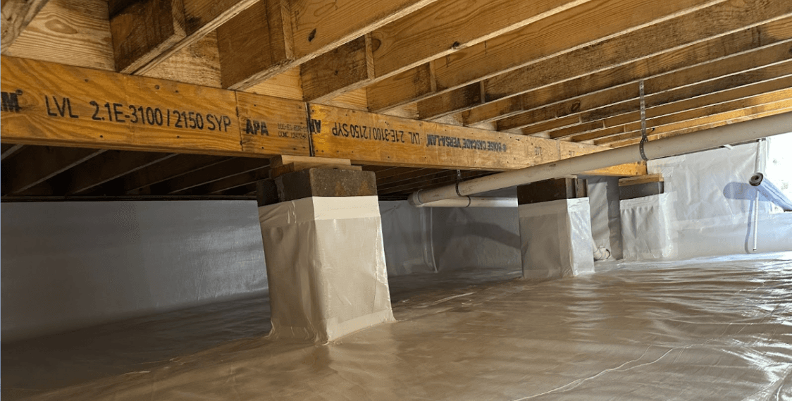 Encapsulated crawlspace with wooden beams, plastic vapor barrier, wrapped concrete supports, and a clean, dry-looking floor.