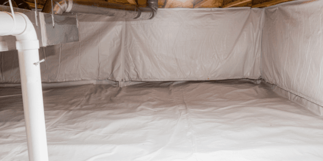 Encapsulated crawl space with white plastic vapor barrier covering the floor and walls, exposed pipes overhead, creating a clean, protected space.