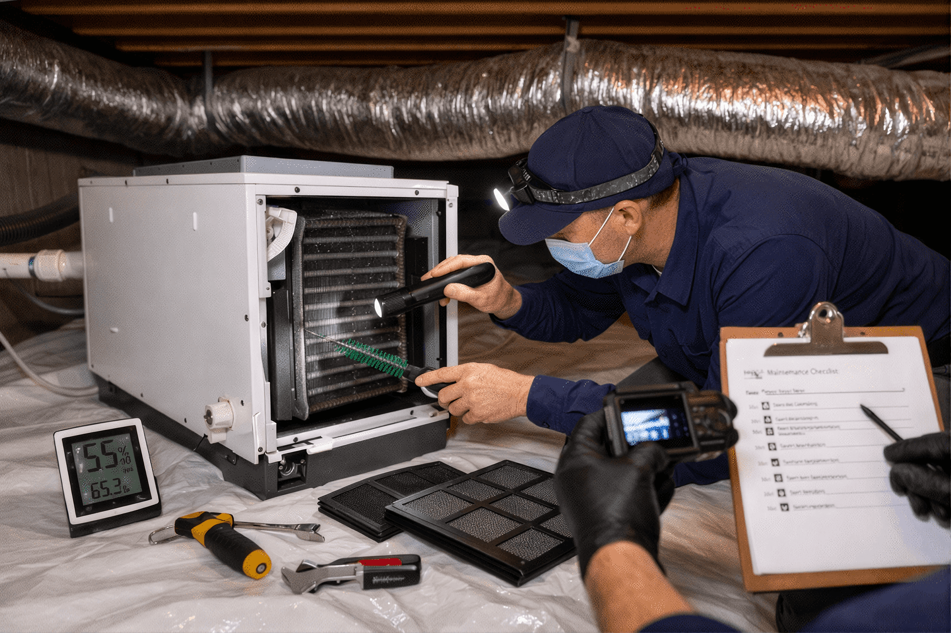 Technician inspecting and servicing a crawlspace dehumidifier during routine maintenance to ensure effective moisture control and improved indoor air quality.