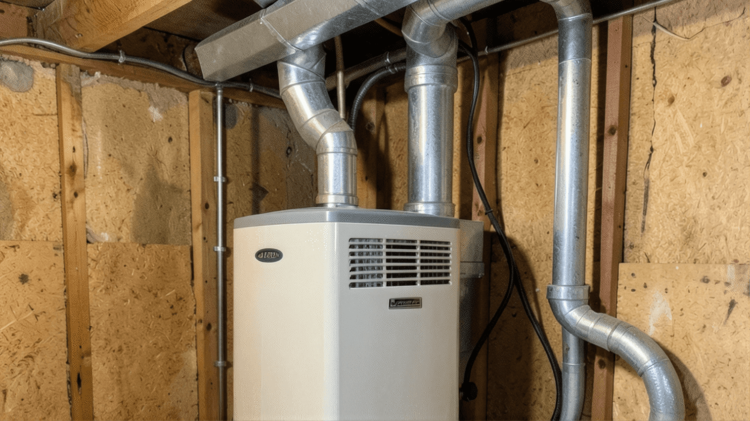 Whole-home dehumidifier installed in a basement with connected ductwork to control humidity, reduce moisture, and help prevent mold growth throughout the home.