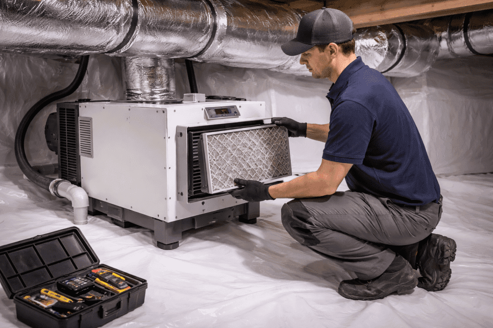 HVAC technician kneels in an insulated basement, replacing a filter in a dehumidifier beside ductwork and an open tool case.