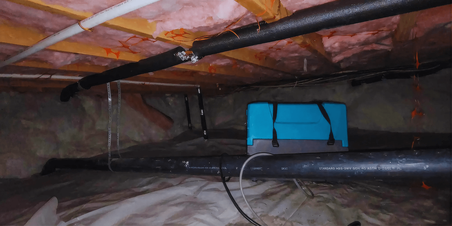 Encapsulated crawl space with a vapor barrier covering the ground, insulated plumbing, exposed floor joists, and a crawl space dehumidifier installed to control moisture and improve air quality.