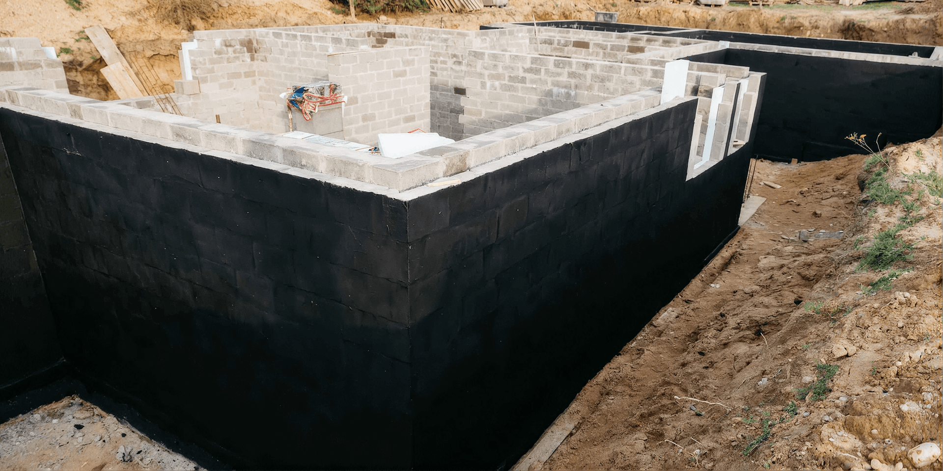 Foundation under construction with a waterproof exterior coating applied to foundation walls to help prevent moisture intrusion and protect the structure from water damage.