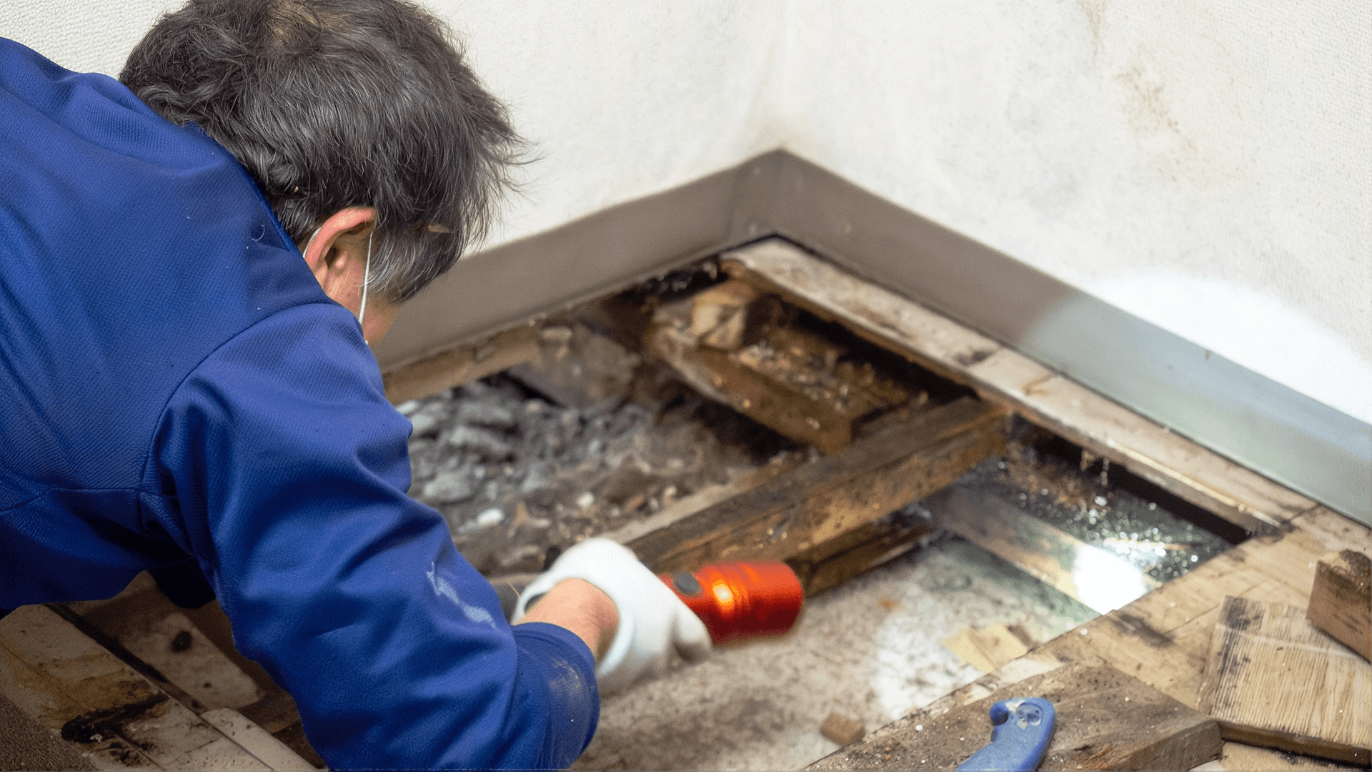 Crawlspace inspector using a flashlight to examine exposed floor framing and the area beneath a home.