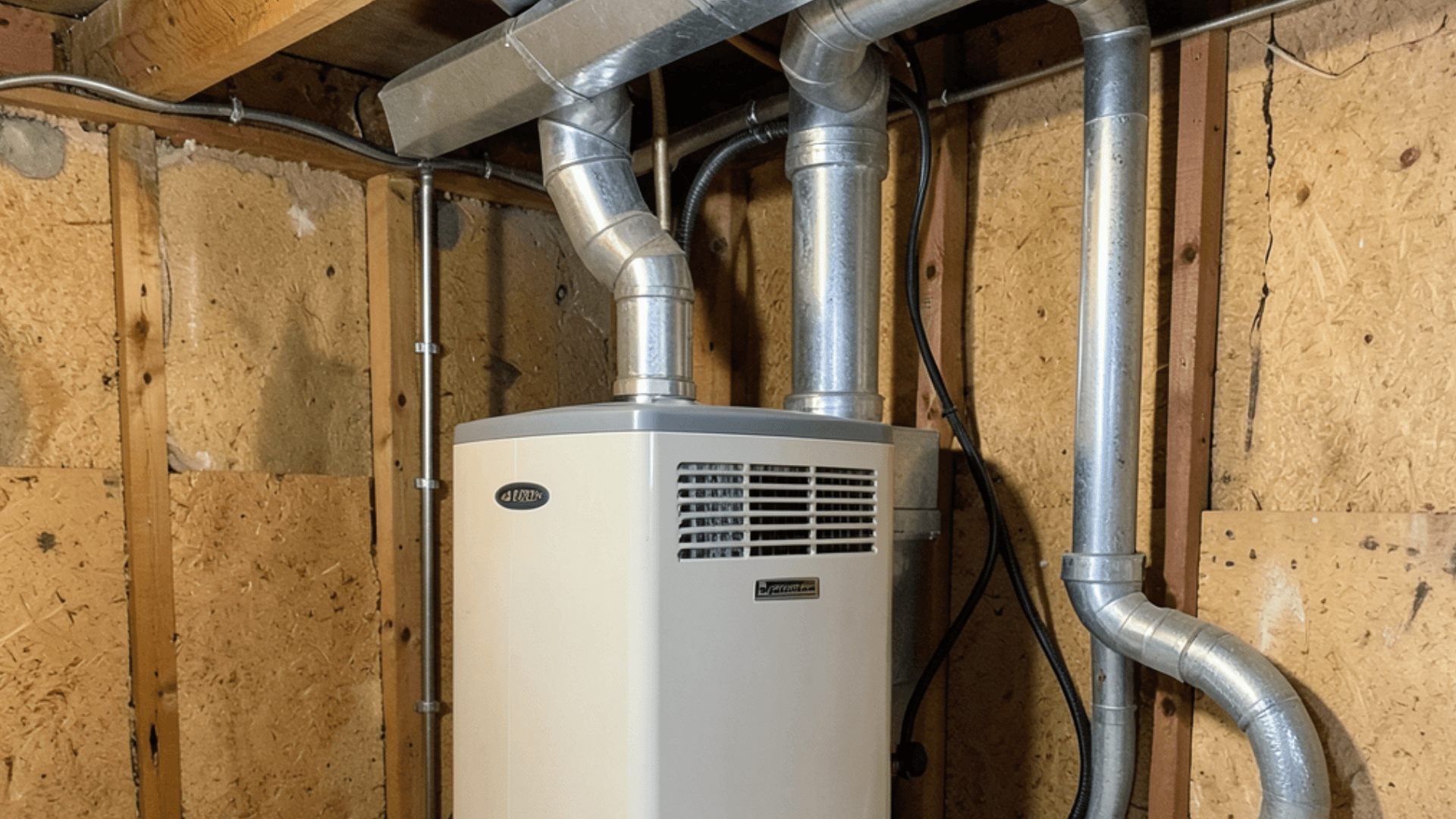 Basement scene showing a white furnace connected to silver ductwork against unfinished wooden walls. Pipes snake upward making it appear functional.