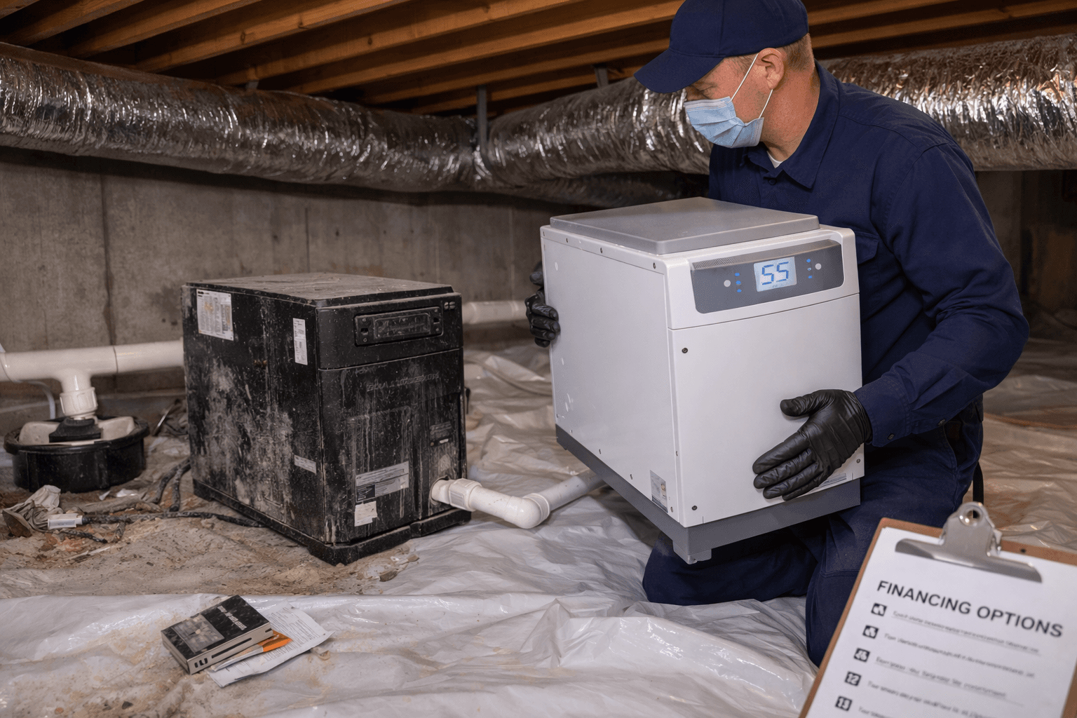 A worker in a mask and gloves installs a white dehumidifier in a basement. Nearby is an older unit, ducts, and a clipboard with financing options.
