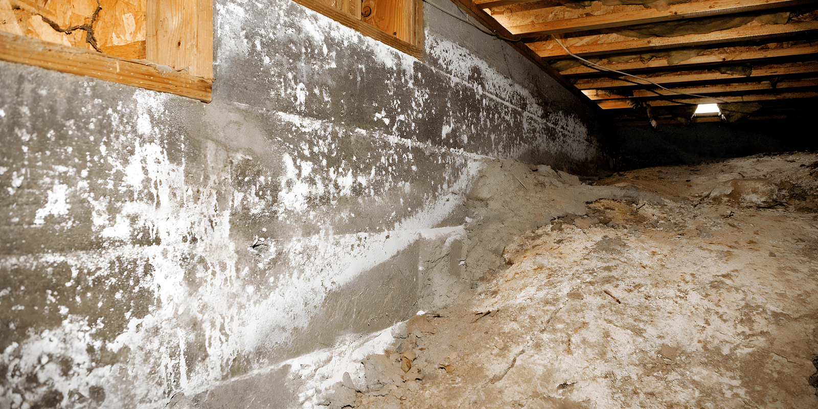Crawl space with exposed soil flooring and concrete foundation walls covered in heavy white efflorescence, highlighting moisture intrusion and mineral deposits caused by water seepage.