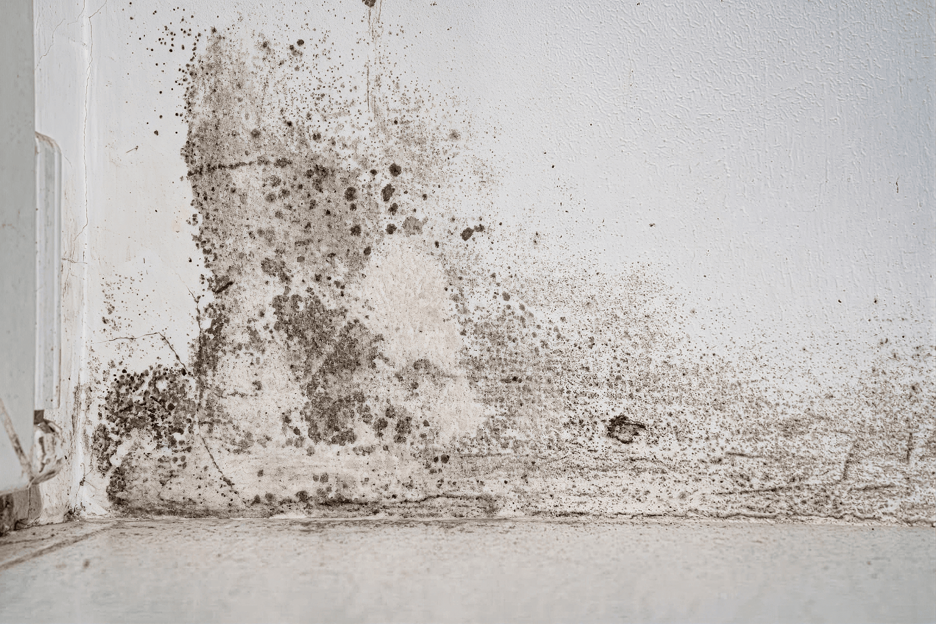 Dark mold growth and moisture staining spreading across the lower portion of a white interior wall.