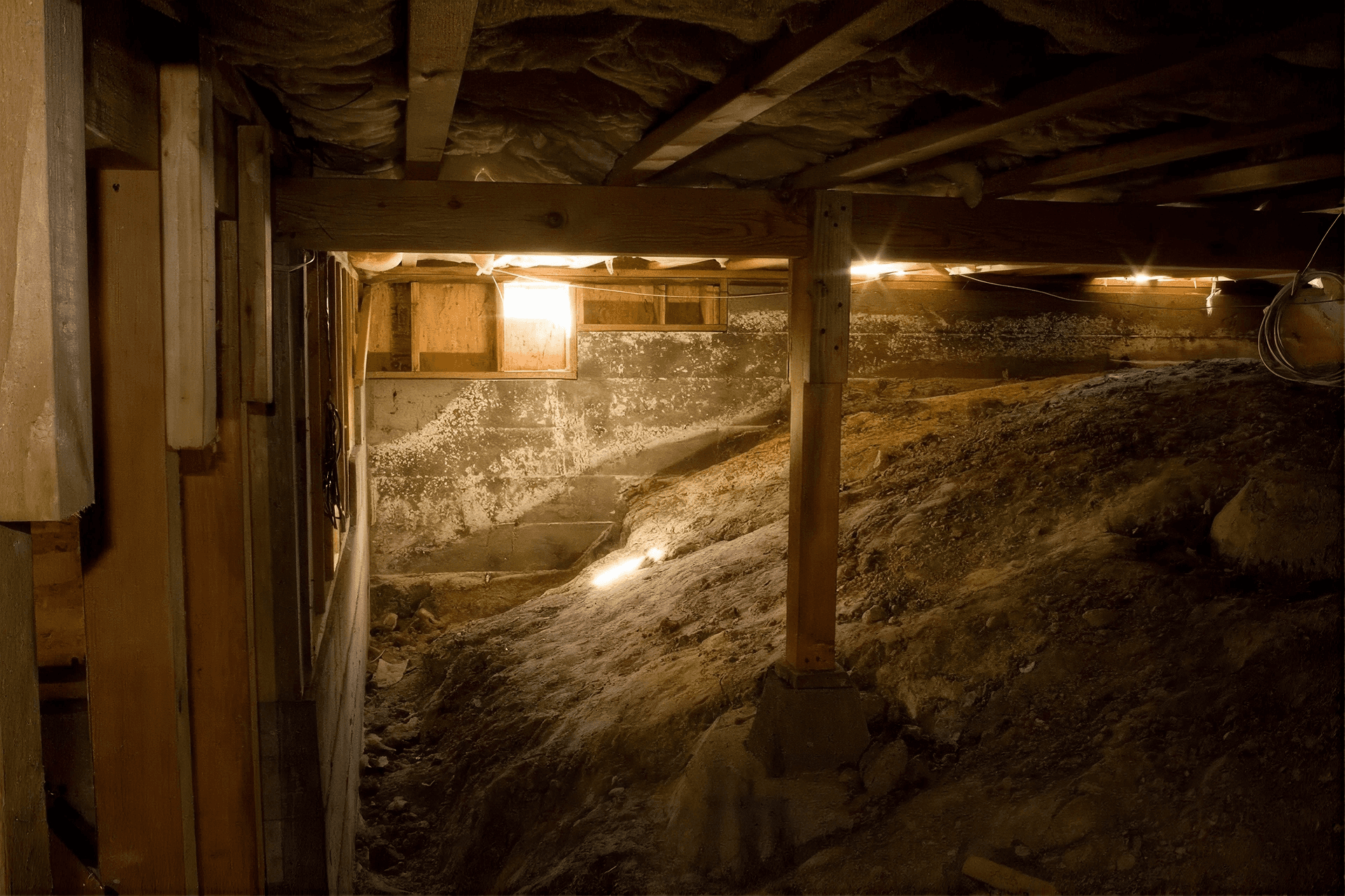 Dimly lit crawl space with exposed soil flooring, wooden support beams, concrete foundation walls, and overhead insulation, showing an unsealed under-home area before encapsulation or moisture control improvements.