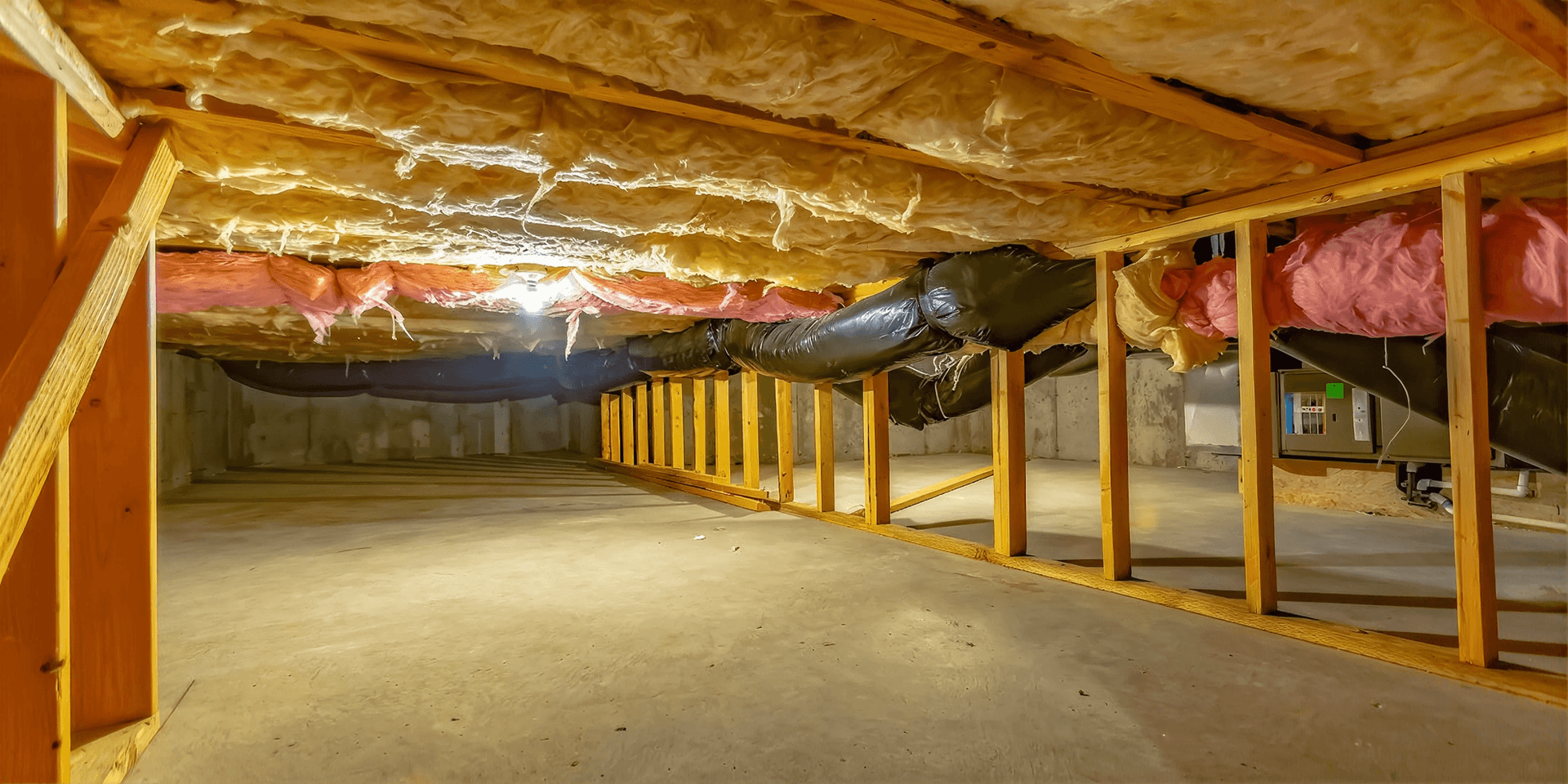 Clean, open crawl space with exposed floor joists, insulated ductwork, and a concrete floor, providing easy access for inspections, maintenance, and moisture control improvements.