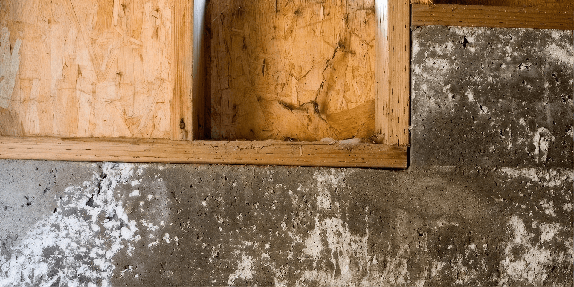 Foundation wall with visible white moisture deposits and staining beneath exposed wood framing, indicating possible water intrusion or moisture issues.