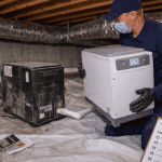 Thumbnail image of Technician installing a crawlspace dehumidifier to reduce excess moisture, improve air quality, and help prevent mold growth in the home.