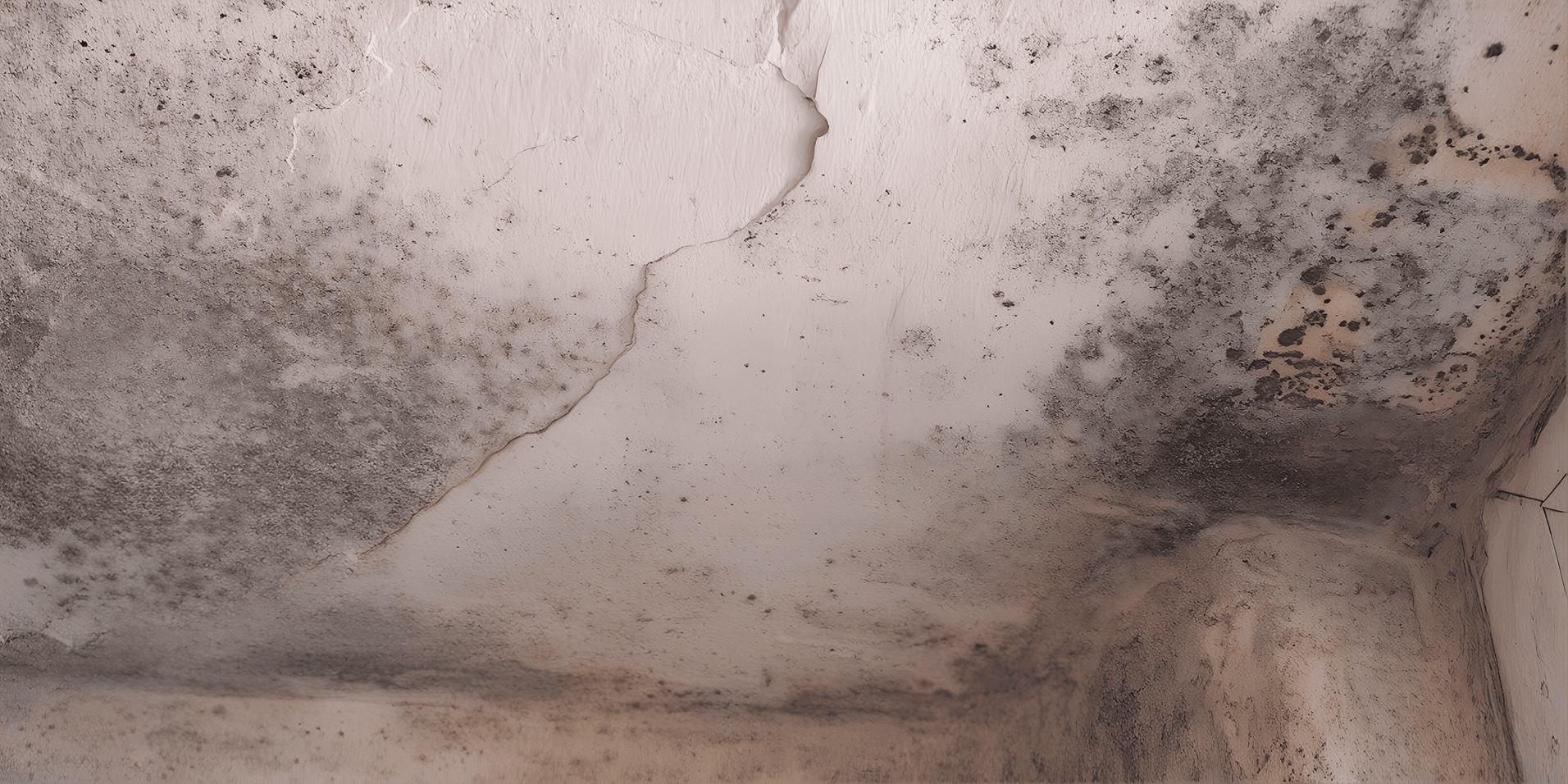 Ceiling corner with extensive black mold growth, peeling paint, and water damage, showing the effects of prolonged moisture intrusion and poor ventilation.