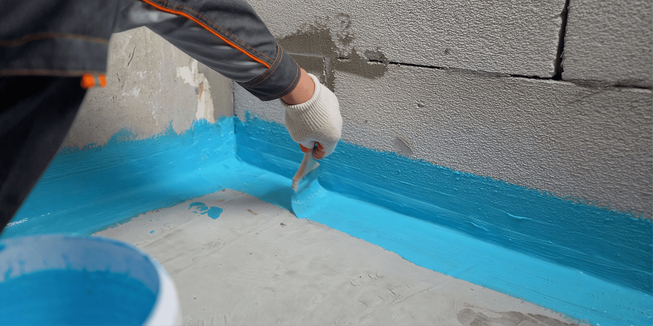 Close-up of a technician applying bright blue waterproof sealant along the joint between a concrete floor and cinder block wall to help prevent water intrusion in a basement or crawl space.