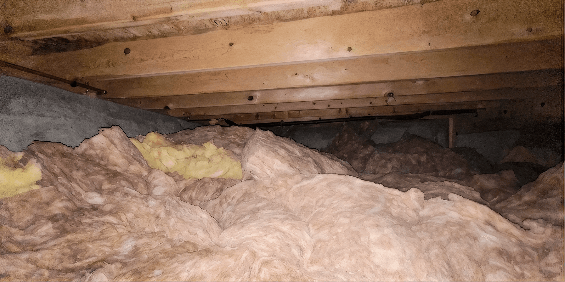 Crawl space with damaged, compressed, and uneven fiberglass insulation that has fallen from the floor joists, reducing energy efficiency and indicating the need for insulation replacement or repair.