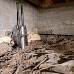Thumbnail image of Close-up of a steel foundation support pier installed beneath a concrete foundation wall in a crawl space with exposed soil and a damaged vapor barrier, providing structural reinforcement to help stabilize a settling foundation.