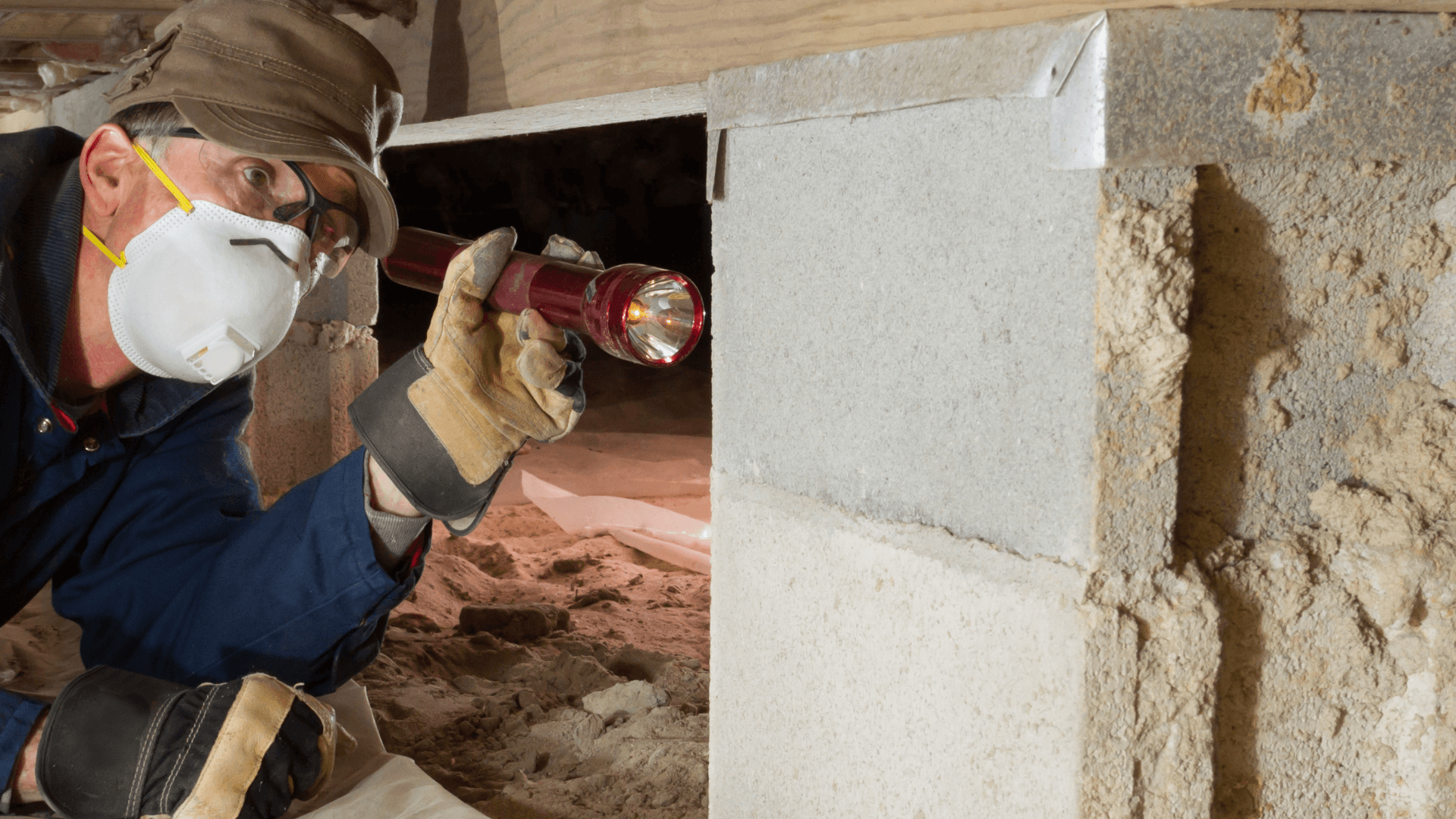 Technician wearing protective gear inspecting a crawlspace foundation support pier with a flashlight.