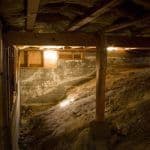 Thumbnail image of Dimly lit crawlspace with exposed wooden support posts, dirt floor, and aging insulation, showing conditions before crawlspace encapsulation or waterproofing.