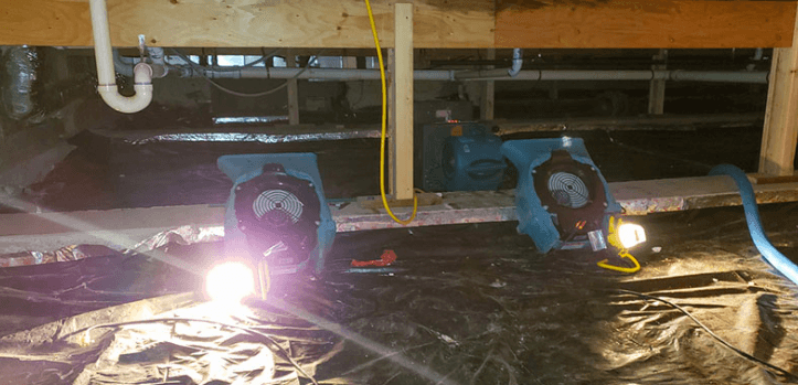 Crawlspace with two blue ventilation fans, bright work lights, exposed plumbing, support beams, and reflective plastic sheeting, creating an industrial tone.