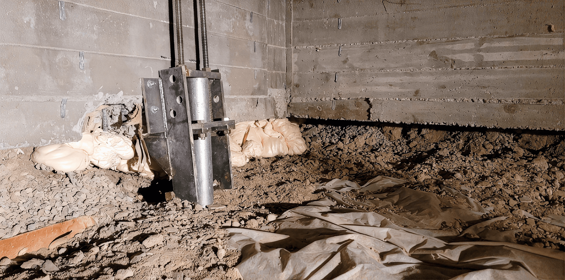 Crawl space foundation with an adjustable steel support jack installed beneath a structural beam to stabilize and level sagging floors as part of a foundation repair solution.