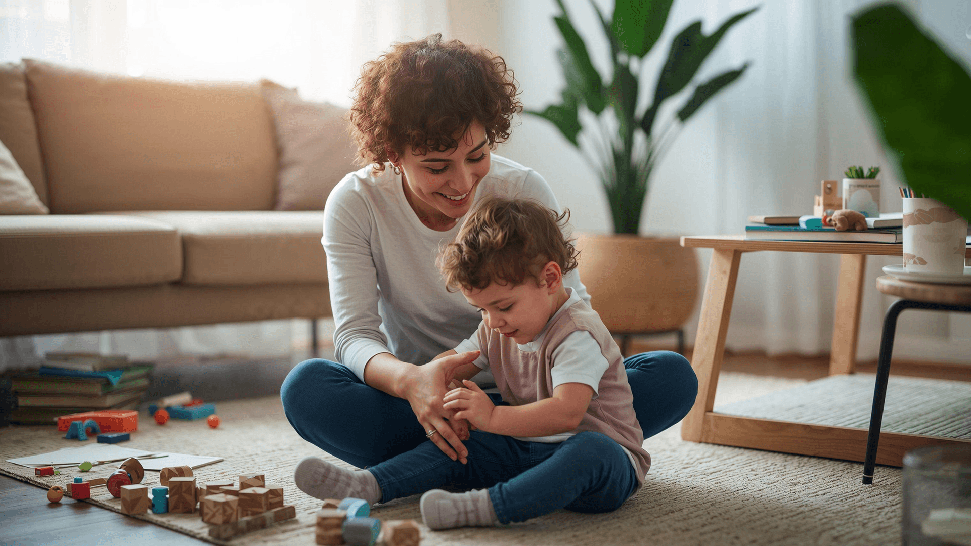Mother and young child playing together with wooden toys in a bright, comfortable living room.